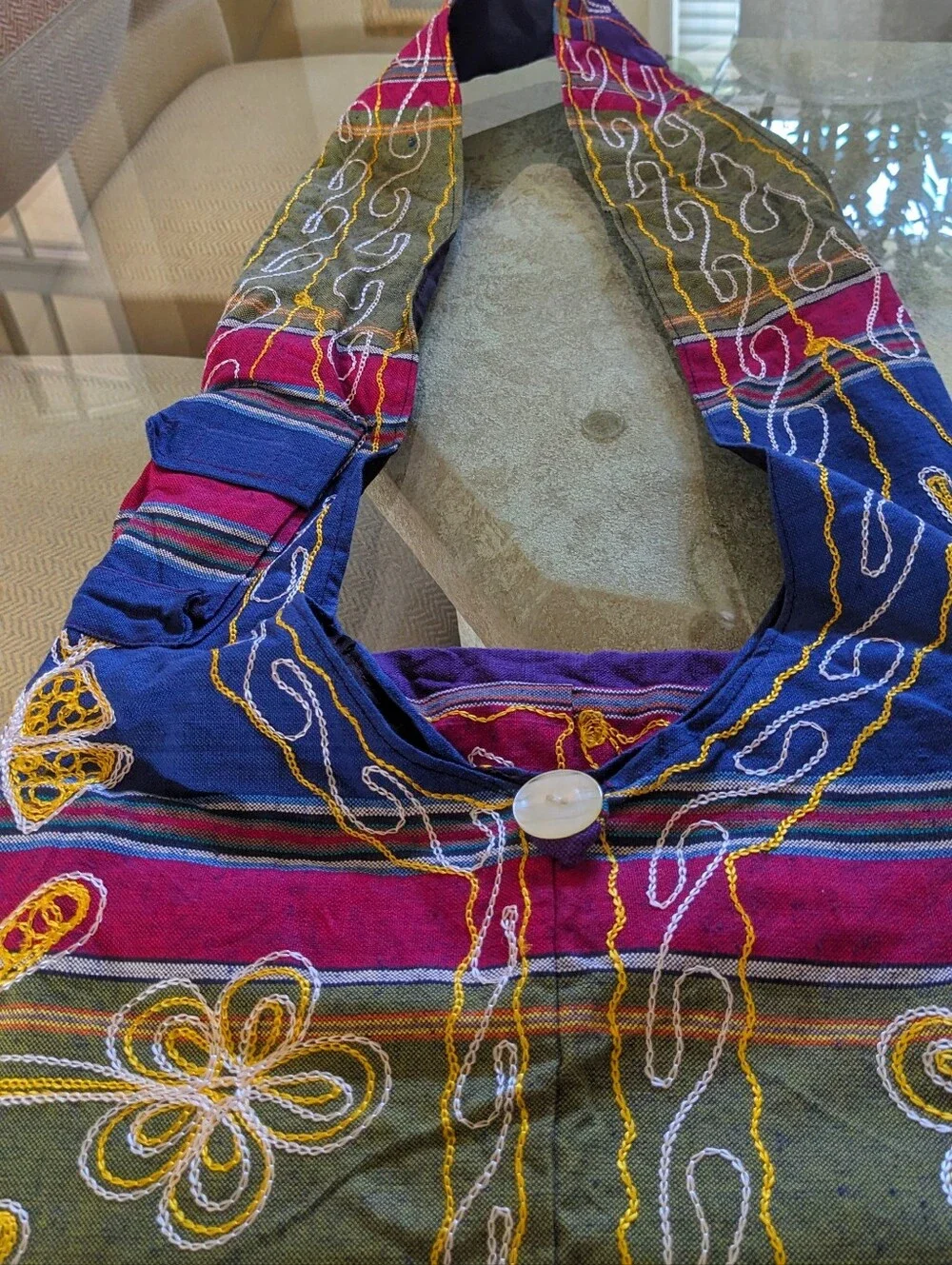 Boho Nepal Embroidered Crossbody Tote - Multicolor  ZIP interior closure